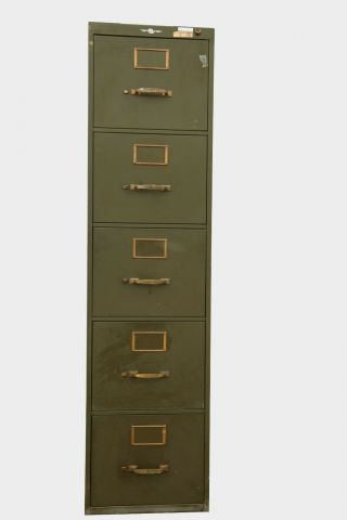 Vintage Art Metal 5 Drawer Legal File Cabinet - Brass Hardware - Army Green - NY 2