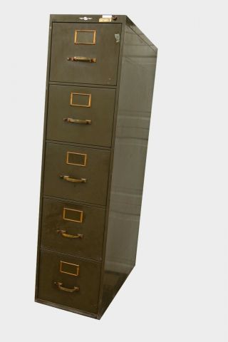 Vintage Art Metal 5 Drawer Legal File Cabinet - Brass Hardware - Army Green - NY 3