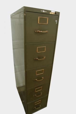 Vintage Art Metal 5 Drawer Legal File Cabinet - Brass Hardware - Army Green - NY 5