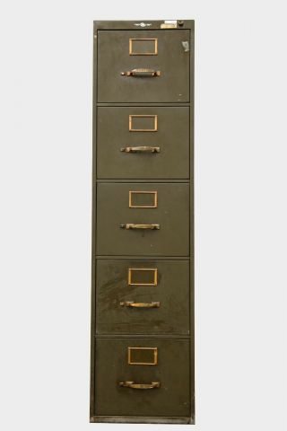Vintage Art Metal 5 Drawer Legal File Cabinet - Brass Hardware - Army Green - NY 7