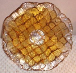 Vintage Murano Amber And Clear Art Glass Ruffle Bowl Made In Italy