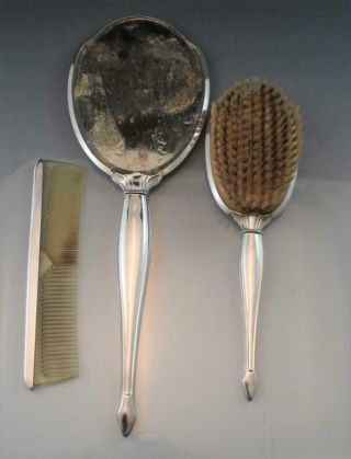 Antique Sterling Silver 3 Piece Brush Comb & Mirror Set Art Deco C1940s 4