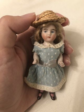 Antique Tiny 4” All Bisque Kestner Dollhouse Sized Doll With Pink Stockings