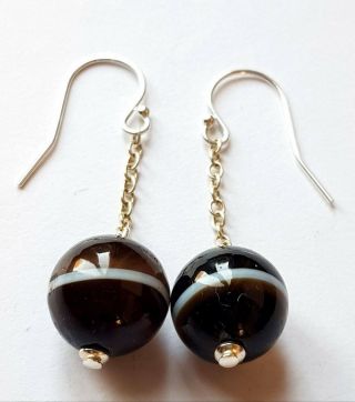 Antique Victorian Sterling Silver Banded Agate Drop Earrings