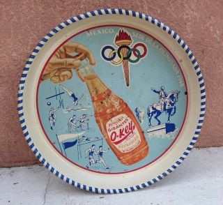 Rare Vtg 1968 Mexican Olympics Torch 13 " Tin Tray Barrilitos O - Key Soda Mexico