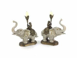 Vintage Maitland Smith Monkey Elephant Bronze Ceramic Candle Holder Pair