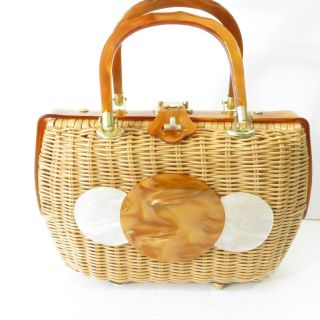 Vintage Tropic Miami Florida Woven Basket Purse With Resin Lucite Handles Detail