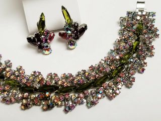 Vintage Juliana D & E Olivine Green Ab Rhinestone Bracelet & Earrings Set