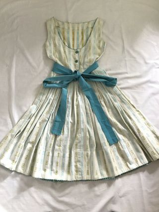 White And Blue Dress 50s 1950s Cotton Full Skirt Vintage Vtg Xs