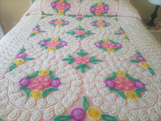 Vintage Chenille Bedspread 105 " X 92 " Soft Pink/white/ Flowers