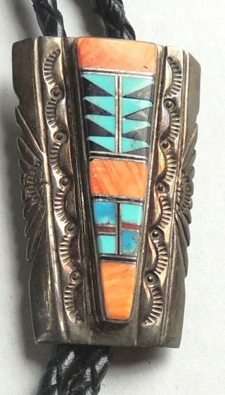Vintage Sterling Native American Zuni Turquoise Spiny Oyster Coral Onyx Bolo