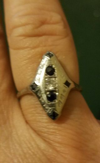 Antique Edwardian Art Deco Long Diamond Sapphire Ring Sz 6.  5