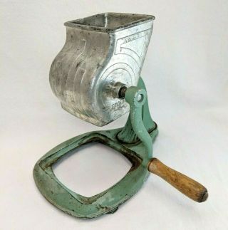 Vintage Alaska Ice Breaker Crusher Model 38 Green Cast Iron Base Wood Hand Crank