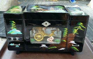 Vtg Japan Hand Painted Lacquer Moving Rickshaw Diorama Jewelry Music Box