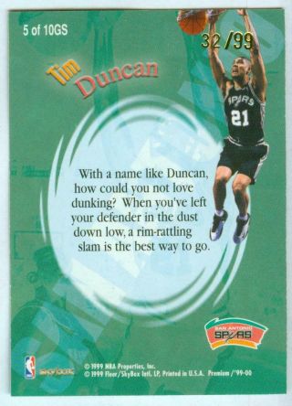 Tim Duncan 1999 - 00 SkyBox Premium More Good Stuff Parallel RARE SP 32/99 2