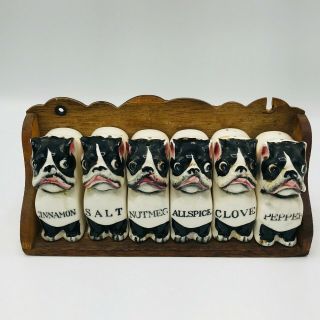 Vintage Boston Terrier French Bulldog Bulldog Spice Shaker Set Wood Holder Japan