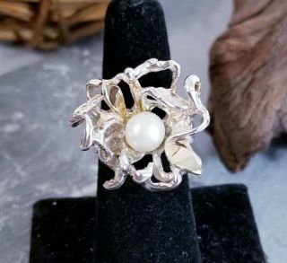 Vtg 925 Sterling Silver Artisan Brutalist Cultured Pearl Two Tone Ring,  Sz 6