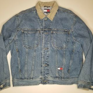 Vintage 90s Tommy Hilfiger Jean Jacket With Logo Patches Mens Medium,  Ex Cond