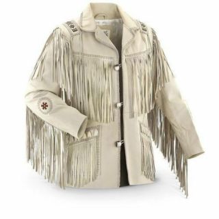 Mens Cowboy Jacket Suede Leather Vintage American Fringes Bead Western Wear Coat