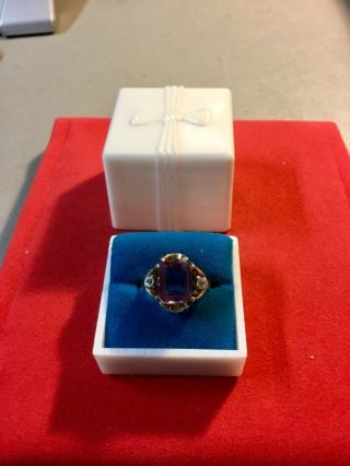Vintage 10K Gold Ring w/ 2 Diamond Baguettes,  Emerald Cut Amethyst Quartz Stone 2