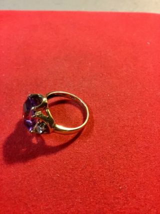 Vintage 10K Gold Ring w/ 2 Diamond Baguettes,  Emerald Cut Amethyst Quartz Stone 4