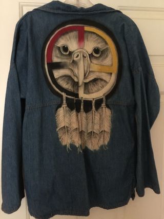 Vintage Denim Native American Hand Painted Pull Over Shirt Jacket