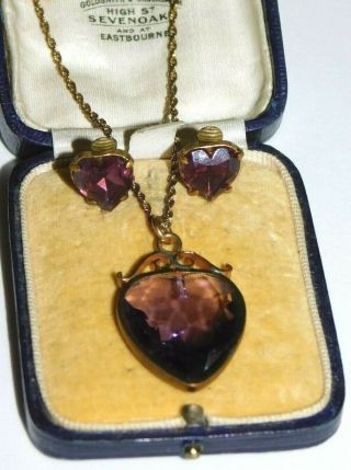 Antique,  Edwardian Amethyst Paste Glass Heart Necklace Pendant & Earrings