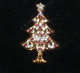 Vintage Swarovski Swan Signed Gold Christmas Tree Brooch Pin