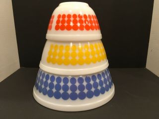 Vintage Pyrex Polka Dot Mixing Bowls,  Blue,  Yellow,  Orange 401,  402,  403