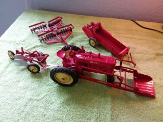 VINTAGE TRU SCALE TRACTOR with LOADER,  and IMPLEMENTS 8