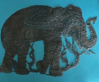 Vintage Elephant Design Shadow Puppet Artisan Carved Handcraft Buffalo Skin 17”