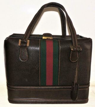 Authentic Vintage Gucci Dark Brown Leather Cosmetic Trunk Bag Train Travel Case