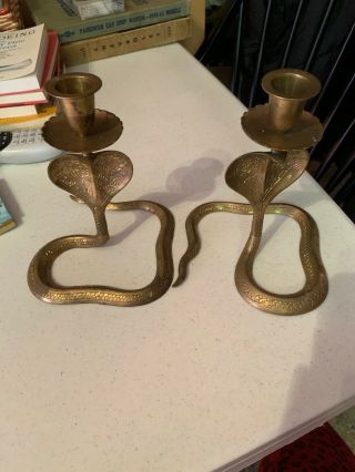 Vintage Brass Pair Cobra Candle Holders Snake Cool Unique Flea Market Find