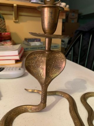 Vintage Brass Pair Cobra Candle Holders Snake Cool Unique Flea Market Find 2