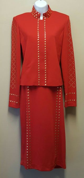 Stacy Adams 8 Red Skirt Jacket Outfit Gold Studs Vintage Church Suit Holiday