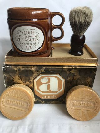 Vintage Men’s Shaving Set Aramis Mug Brush 2 Soap Cakes