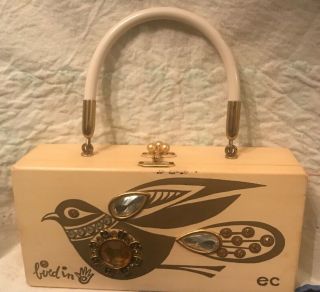 Vintage Enid Collins Texas Bird In Hand Jeweled Wooden Box Purse