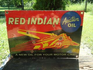 Vintage Red Indian Aviation Oil Porcelain Enamel Dealership Sign