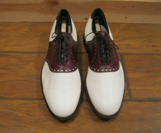 Vintage Footjoy Classic Mens Saddle Golf Shoes White/brown Metal Spikes Sz.  9.  5d