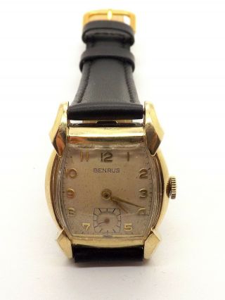 VINTAGE 1950 ' S BENRUS MENS WRIST WATCH W/ GREAT FLARED LUGS RUNS WELL 6