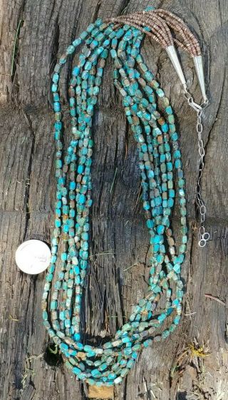 Vtg Native American Seven Strand Turquoise & Heishi Bead Sterling Necklace