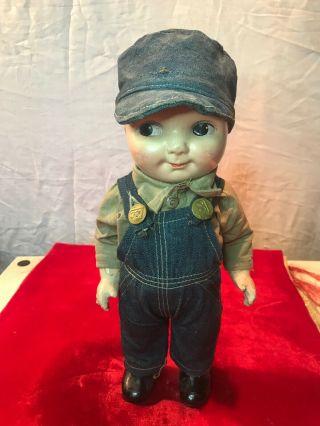 Antique Buddy Lee Doll With Lee Overalls And Cap 13” Composite Doll