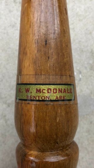 Vintage K.  W.  McDonald of Benton,  AR duck call with red and gold water label 3