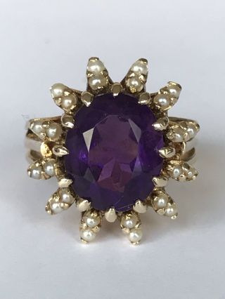 A Stunning Vintage Amethyst And Seed Pearl Dress/ Cocktail Ring 9ct Gold,  Size N