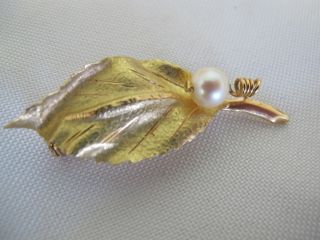 Vintage 14k Gold Leaf Pin With Pearl Stunning 5.  5 Grams