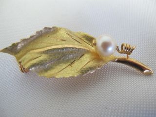 VINTAGE 14K GOLD LEAF PIN WITH PEARL STUNNING 5.  5 GRAMS 2