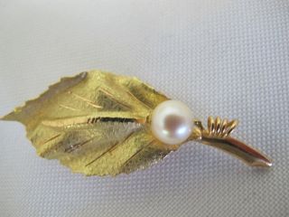VINTAGE 14K GOLD LEAF PIN WITH PEARL STUNNING 5.  5 GRAMS 3