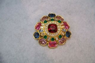 Vintage Joan Rivers Signed Brooch Pin Multi Colored Glass Stones