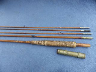 Vintage Beaty Reel Seat On 9.  5 Ft Unmarked Bamboo Fly Rod W/ 5 Sections