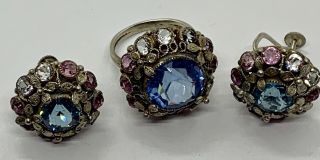 Vintage Unsigned Hobe Sterling Filligree Crystal Ring & Matching